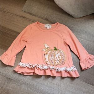 Peach Long Sleeve Smock Ruffle Kids Top with Pumpkin Design